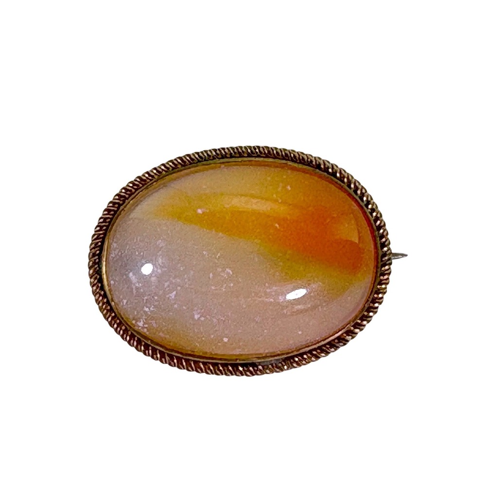 Antique Victorian Carnelian Agate Brooch Orange Bronze Tone Oval Cabochon Pin
